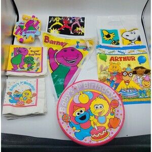 VTG 90s Birthday Party Decoration Supplies Sesame Street, Barney, Peanut, Power
